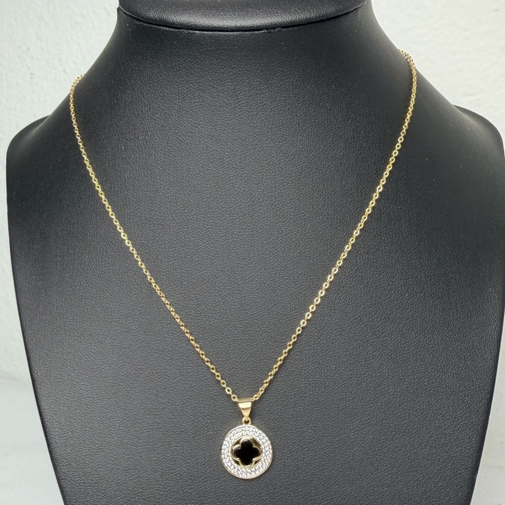 Stella Rose London Gold Plated‎ Black Clover Pavé Crystal Pendant Necklace NIB